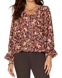 Democracy - Long Tie Sleeve V-Neck Printed Woven Top - Lyst