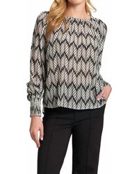 Apny - Leaf Print Blouse With Smocked Cuff - Lyst