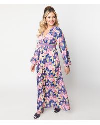 Unique Vintage - Navy & Purple Floral Print Buttercup Maxi Dress - Lyst