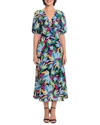 Donna Morgan - Short Sleeve Leaf Print Midi Dress - Lyst