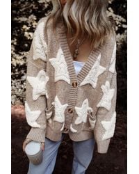 TRUEDAMES - Khaki Sherpa Star Pattern Textured Sweater Cardigan With Pockets - Lyst