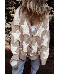 TRUEDAMES - Khaki Sherpa Star Pattern Textured Sweater Cardigan With Pockets - Lyst