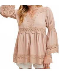 Bluivy - Lace Trimmed Bell Sleeve V-Neck Blouse - Lyst