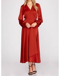 She + Sky - Long Sleeve Maxi Satin Wrap Dress With Front Side Tie - Lyst