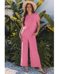TRUEDAMES - Solid Corded Knit Short Sleeve T Shirt And Wide Leg Pants Set - Lyst