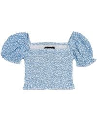 Pastel Design Puff Sleeve Check Pattern Top in Red | Lyst