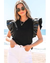 TRUEDAMES - Leather Ruffle Sleeve Patchwork Round Neck Blouse - Lyst