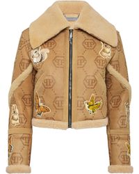 Philipp Plein - Cropped Embroidered Leather And Shearling Jacket Monogram - Lyst