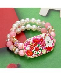 Fashnzfab - Enamel Pearl Stone Embellished Christmas Plate Pointed Pearl Faceted Beaded Stretch Bracelet - Lyst