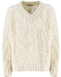 Panicale - Textured Knit V-Neck Sweater With Sequin Embellishments - Lyst