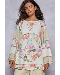 Pol - Crew Neck Printed Peace Patch Overlock Stitch Knit Top - Lyst