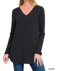 Zenana - Long Sleeve V-Neck Round Hem Top - Lyst