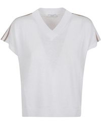 Peserico - V-Neck Linen Blend Sweater With Striped Shoulder Detail - Lyst