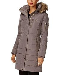 MICHAEL Michael Kors - Flannel Down 3/4 Puffer Coat With Faux Fur And Hood - Lyst