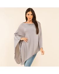TRUEDAMES - Pom Pom Trim Solid Asymmetrical Poncho - Lyst