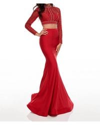 Rachel Allan - Long Sleeve Lycra Jersey Two-Piece Beaded Prom Gown - Lyst