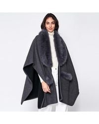 TRUEDAMES - Faux Fur Trimmed Front Pockets Ruana Poncho - Lyst