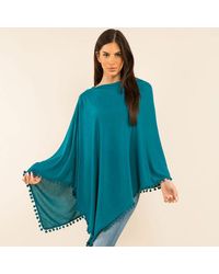 TRUEDAMES - Pom Pom Trim Solid Asymmetrical Poncho - Lyst