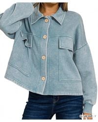 Zenana - Acid Wash Fleece Cropped Shacket With Front Pockets - Lyst