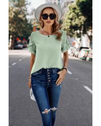 TRUEDAMES - Solid Round Neck Ruffle Sleeve Loose Fit Blouse - Lyst