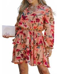 Shewin - Frilled Collar Long Sleeve Floral Dress - Lyst