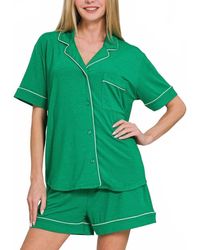 Zenana - Button Down Short Sleeve Top And Shorts Lounge Set - Lyst