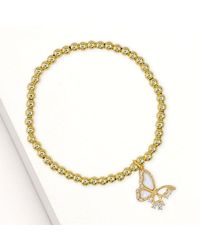 Fashnzfab - Stainless Steel Cz Stone Accent Mother Of Pearl Butterfly Charm Stretch Bracelet, Mother Of Pearl - Lyst