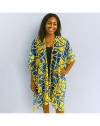 TRUEDAMES - Bold Geometric Pattern Tassel Detail Open Front Kimono Poncho - Lyst