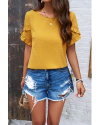TRUEDAMES - Crewneck Chiffon Polka Dot Ruffle Short Sleeved To - Lyst