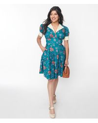 Unique Vintage - 1940s Teal & Red Floral Chain Print Swing Dress - Lyst