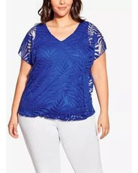 Avenue - Elora Burnout Top Marine Floral Sheer V-Neck Fts1175 - Lyst