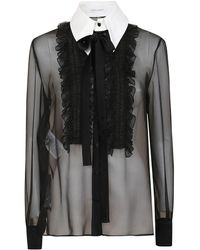 Alberta Ferretti - Silk Blouse With Ruffled Front And Classic Collar - Lyst