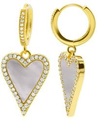 Adornia - 14k Gold Plated White Mother-of-pearl Crystal Halo Heart Drop huggie Earrings - Lyst