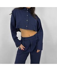 Nia - Boxy Cropped Button Down Midnight Top - Lyst