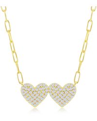 Simona - Gold Plated Over Sterling Double Heart Cz Paperclip Necklace - Lyst