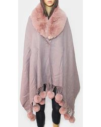 TRUEDAMES - Faux Fur Collar And Pom Pom Dangle Poncho - Lyst
