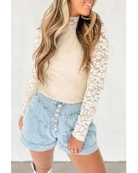 TRUEDAMES - Floral Lace Patchwork Long Sleeve High Neck Slim Top - Lyst