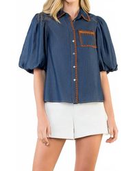 Thml - Puff Sleeve Denim Button Up Top - Lyst