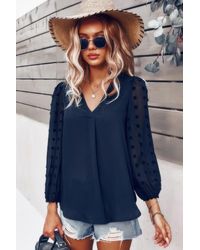 TRUEDAMES - Solid V Neck Lantern Sleeve Swiss Dot Shirt - Lyst
