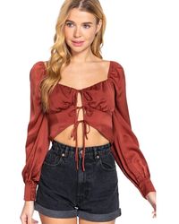 TRUEDAMES - Long Sleeve Sweetheart Neck Front Ribbon Tie Detail Woven Top - Lyst