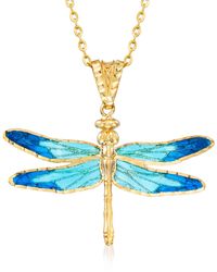 Ross-Simons - Italian Blue Enamel And 18kt Yellow Gold Dragonfly Pendant Necklace - Lyst