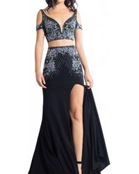 Rachel Allan - Beaded Jersey Two-Piece Gown With Slit - Lyst
