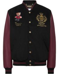Philipp Plein - Leather And Wool Varsity Bomber Jacket Teddy Bear - Lyst