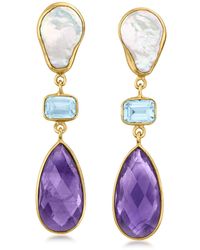 Ross-Simons - 9x14mm Cultured Baroque Pearl And Amethyst Drop Earrings With Sky Blue Topaz - Lyst