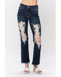 Judy Blue - Mid Rise Ripped Straight Denim Jeans - Lyst