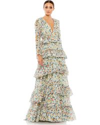 Ieena for Mac Duggal - Floral Printed Tiered Ruffle Long Sleeve Gown - Lyst