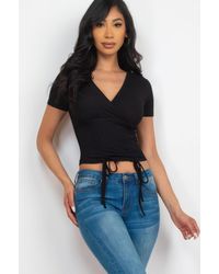 TRUEDAMES - Ribbed Ruched Drawstring Surplice Top - Lyst