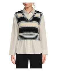 Elan - Striped V-Neck Long Sleeve Sweater Vest Shirt - Lyst
