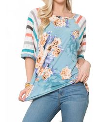 Celeste - Denim Floral Stripe Sleeve Top - Lyst