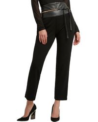H Halston - Faux Leather Trim Belted Straight Leg Pants - Lyst